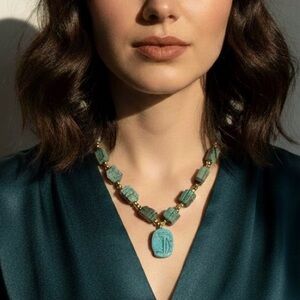 Vintage Turquoise Beaded Necklace Scarab Pendant 25 Inch